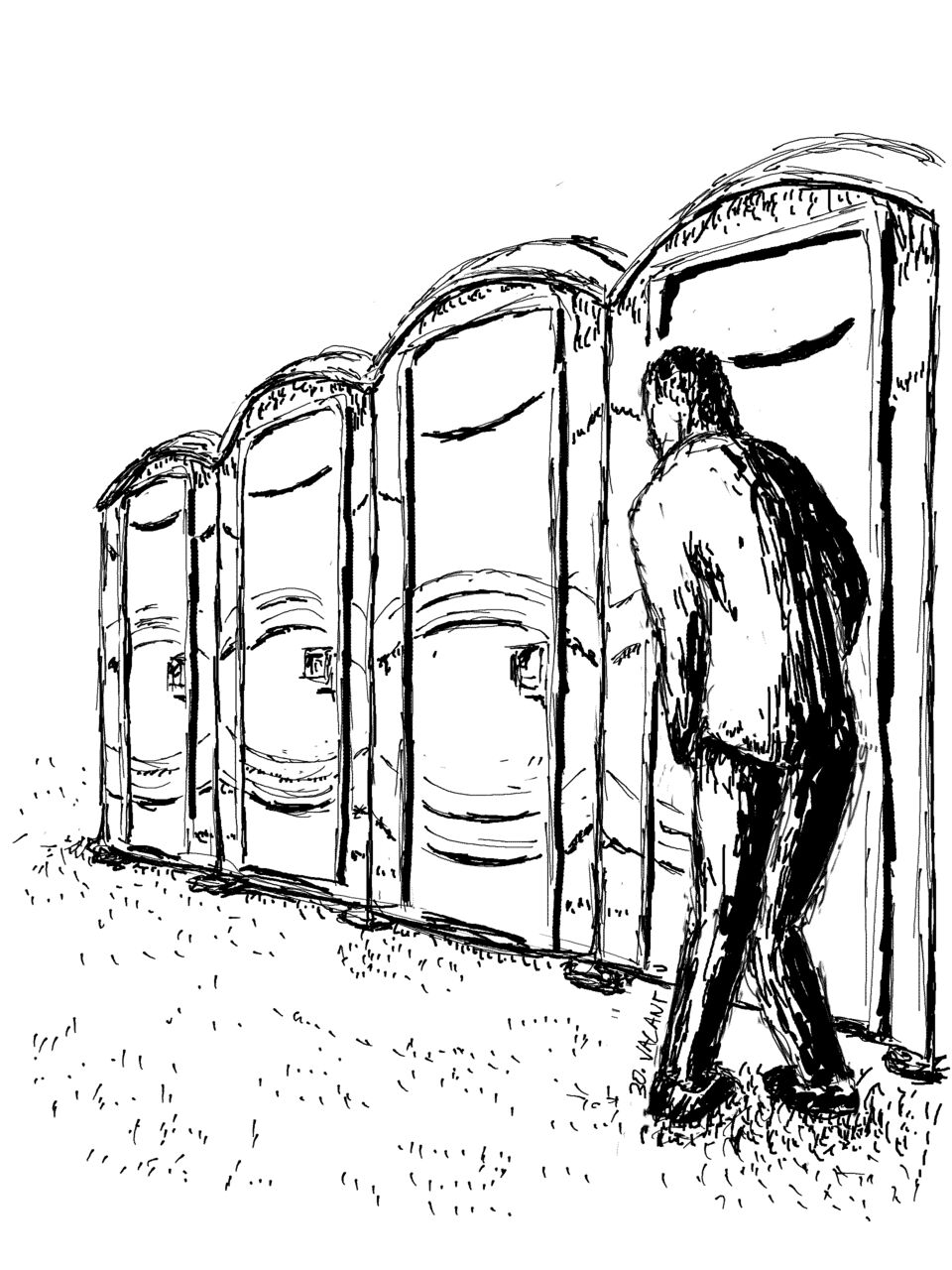 A row of at least four portaloos with closed doors. A man looks down the isle, hunched over with crossed legs and hands held tightly in front.